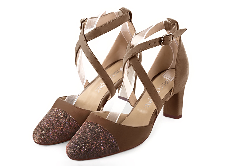 Chocolate brown women's open side shoes, with crossed straps. Round toe. Medium comma heels. Front view - Florence KOOIJMAN